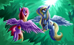 Size: 3127x1917 | Tagged: safe, artist:mediasmile666, imported from derpibooru, oc, oc only, pegasus, pony, coat markings, duo, female, leaves, mare, red eyes, spread wings, wings