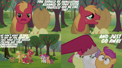 Size: 1280x720 | Tagged: safe, edit, edited screencap, editor:quoterific, imported from derpibooru, screencap, apple bloom, applejack, big macintosh, scootaloo, sweetie belle, earth pony, pegasus, pony, unicorn, ponyville confidential, season 2, angry, apple, apple bloom's bow, applejack is not amused, applejack's hat, big macintosh is not amused, bow, cowboy hat, cutie mark crusaders, eyes closed, female, filly, food, go away, hair bow, hat, male, mare, stallion, sweet apple acres, tree, unamused