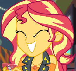 Size: 2075x1920 | Tagged: safe, imported from derpibooru, screencap, sunset shimmer, costume conundrum, equestria girls, equestria girls series, spoiler:eqg series (season 2), cellphone, clothes, cropped, cute, cutie mark, cutie mark on clothes, eyes closed, female, geode of empathy, jacket, jewelry, leather, leather jacket, magical geodes, necklace, phone, shimmerbetes, smartphone, smiling, solo