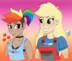 Size: 1959x1660 | Tagged: safe, artist:dyonys, imported from derpibooru, applejack, rainbow dash, human, appledash, blushing, bra, bust, choker, clothes, cutie mark, dark skin, ear piercing, earring, female, freckles, humanized, jewelry, lesbian, lesbian applejack, lesbian dash, looking at each other, mohawk, overalls, piercing, ponytail, shipping, smiling, underwear