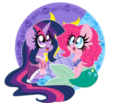 Size: 1280x1053 | Tagged: safe, artist:ladylullabystar, imported from derpibooru, pinkie pie, twilight sparkle, mermaid, merpony, pony, ariel, clothes, cosplay, costume, cute, diapinkes, mermaidized, rapunzel, simple background, species swap, tangled (disney), the little mermaid, transparent background, twiabetes