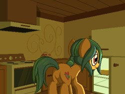 Size: 800x600 | Tagged: safe, artist:rangelost, imported from derpibooru, oc, oc only, oc:windcaller, earth pony, pony, cyoa:d20 pony, basket, butt, dock, indoors, kitchen, male, pixel art, plot, rear view, refrigerator, solo, stallion