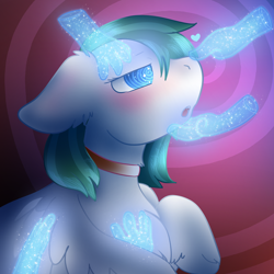 Size: 2000x2000 | Tagged: safe, artist:vinyldraw, imported from derpibooru, imported from ponybooru, oc, oc only, oc:zephyr, pegasus, pony, blushing, boop, chest fluff, chin scratch, collar, disembodied hand, ear scratch, ears, female, floppy ears, fluffy, hand, helping hands, high res, hypnosis, hypnotized, mare, open mouth, pony pet, solo, swirly eyes