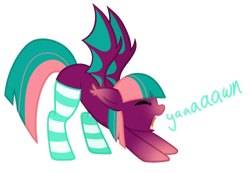 Size: 1280x887 | Tagged: safe, artist:katelynleeann42, imported from derpibooru, oc, oc only, oc:night strike, bat pony, pony, clothes, female, mare, simple background, socks, solo, stretching, striped socks, transparent background, yawn