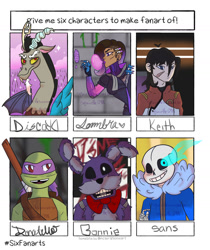 Size: 1080x1286 | Tagged: safe, artist:squirtlesuniverse, imported from derpibooru, discord, draconequus, human, turtle, six fanarts, animatronic, black sclera, bone, bonnie, bonnie (fnaf), bubblegum, clothes, crossover, dark skin, donatello, five nights at freddy's, food, gum, male, overwatch, sans (undertale), skeleton, sombra (overwatch), teenage mutant ninja turtles, undertale, voltron legendary defender