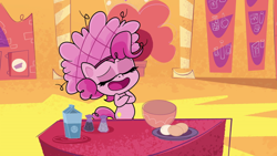 Size: 1280x720 | Tagged: safe, imported from derpibooru, screencap, pinkie pie, earth pony, pony, my little pony: pony life, princess probz, spoiler:pony life s01e01, bipedal, crossed arms, egg, eyes closed, female, food, g4.5, hairnet, open mouth, pony life, solo, volumetric mouth