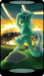 Size: 1500x2591 | Tagged: safe, artist:sixes&sevens, imported from derpibooru, part of a set, lyra heartstrings, pony, unicorn, bipedal, female, minor arcana, outdoors, page of swords, rock, solo, sunrise, sword, tarot card, weapon