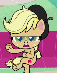 Size: 536x683 | Tagged: safe, imported from derpibooru, screencap, applejack, earth pony, pony, how applejack got her hat back, my little pony: pony life, spoiler:pony life s01e04, bench, beret, breaking the fourth wall, cropped, g4.5, hat, open mouth, pony life, sitting, solo