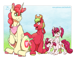 Size: 1920x1510 | Tagged: safe, artist:inuhoshi-to-darkpen, imported from derpibooru, oc, oc only, oc:apple butter, oc:apple jam, oc:lil' pipin, oc:melrose, earth pony, pony, unicorn, colt, female, filly, male, offspring, parent:big macintosh, parent:sugar belle, parents:sugarmac, siblings, twins