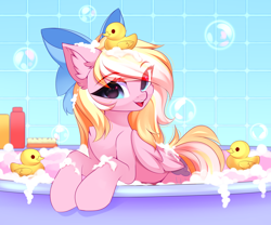 Size: 4212x3504 | Tagged: safe, artist:airiniblock, imported from derpibooru, oc, oc only, oc:bay breeze, pegasus, pony, bath, bathtub, bow, bubble, chest fluff, eye clipping through hair, female, hair bow, high res, looking at you, mare, open mouth, pegasus oc, rcf community, rubber duck, smiling, smiling at you, solo, wings