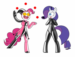Size: 1017x786 | Tagged: safe, artist:latexia, imported from derpibooru, pinkie pie, rarity, anthro, earth pony, unguligrade anthro, unicorn, clapping, clothes, cute, duo, duo female, female, hat, hypnosis, hypnotized, jester, jester hat, jester pie, juggling, latex, latex suit, no pupils, open mouth, paint on fur, raribetes, shiny, simple background, swirly eyes, white background