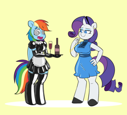Size: 4000x3600 | Tagged: safe, artist:latexia, imported from derpibooru, rainbow dash, rarity, anthro, pegasus, pony, unguligrade anthro, unicorn, apron, big breasts, bracelet, breasts, busty rarity, clothes, dress, duo, duo female, ear piercing, earring, eyeshadow, female, folded wings, french maid, glass, gloves, high res, hypno dash, hypnosis, jewelry, latex, latex dress, latex socks, lidded eyes, maid, makeup, mare, no pupils, open mouth, piercing, rainbow maid, shiny, simple background, socks, stockings, swirly eyes, thigh highs, tray, wings