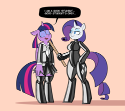 Size: 3410x3040 | Tagged: safe, artist:latexia, imported from derpibooru, rarity, twilight sparkle, alicorn, anthro, pony, unguligrade anthro, unicorn, alternate hairstyle, clothes, cutie mark, cutie mark on clothes, dialogue, duo, duo female, eyeshadow, female, floppy ears, folded wings, grammar error, high res, hypnolight sparkle, hypnosis, latex, latex socks, latex suit, lidded eyes, makeup, mare, no pupils, open mouth, ruler, school uniform, schoolgirl, shiny, simple background, socks, stockings, swirly eyes, thigh highs, twilight sparkle (alicorn), wings, zettai ryouiki, zipper