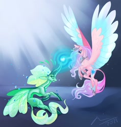 Size: 1805x1908 | Tagged: safe, artist:creeate97, imported from derpibooru, princess flurry heart, queen chrysalis, oc, alicorn, changeling, pony, adult flurry heart, alternate design, crown, duo, female, flying, jewelry, magic, magic aura, older, older flurry heart, regalia