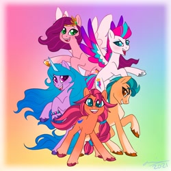 Size: 2000x2000 | Tagged: safe, artist:creeate97, imported from derpibooru, hitch trailblazer, izzy moonbow, pipp petals, sunny starscout, zipp storm, earth pony, pegasus, pony, unicorn, abstract background, cute, female, g5, group photo, happy, high res, male, mane five (g5), mare, open mouth, siblings, sisters, smiling, stallion, unshorn fetlocks