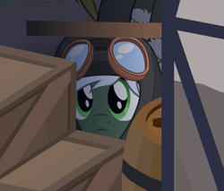 Size: 581x496 | Tagged: safe, artist:yudhaikeledai, imported from derpibooru, oc, oc only, oc:summer breeze, :c, barrel, boxes, clothes, crate, curiosity, curious, frostpony, frown, goggles, hiding, hoodie, looking at you, looking up, male, peeking, plank, shadow, wood