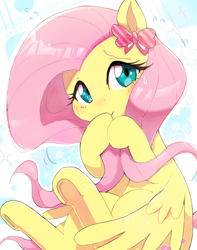 Size: 1337x1695 | Tagged: safe, artist:fuyugi, artist:nendo, imported from derpibooru, fluttershy, pegasus, pony, abstract background, blushing, bow, covering mouth, cute, daaaaaaaaaaaw, ear bow, female, looking at you, mare, shyabetes, smiling, solo, sweat, sweatdrop, three quarter view, underhoof, wings, wings down