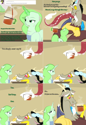 Size: 1802x2638 | Tagged: safe, artist:askmerriweatherauthor, imported from derpibooru, discord, oc, oc:merriweather, pony, unicorn, ask merriweather, female, food, mare, prehensile tail, tail hold, tea