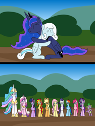 Size: 1200x1600 | Tagged: safe, artist:platinumdrop, imported from derpibooru, applejack, fluttershy, pinkie pie, princess cadance, princess celestia, princess luna, rainbow dash, rarity, spike, starlight glimmer, sunset shimmer, twilight sparkle, oc, oc:snowdrop, alicorn, dragon, earth pony, pegasus, pony, unicorn, applejack's hat, comic, cowboy hat, crying, cute, duo, duo female, female, hat, hug, male, mane eight, mane nine, mane seven, mane six, request, tears of joy, twilight sparkle (alicorn)