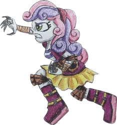 Size: 1500x1605 | Tagged: safe, artist:bozzerkazooers, artist:therandomone95, imported from derpibooru, sweetie belle, equestria girls, angry, bandage, boots, claws, clothes, cropped, elbow pads, jacket, knee pads, shoes, simple background, skirt, solo, transparent background, weapon