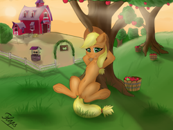 Size: 3984x3000 | Tagged: safe, artist:flapstune, imported from derpibooru, applejack, earth pony, pony, apple, apple tree, arm behind head, barn, bucket, dock, female, food, frog (hoof), grass, hat, high res, looking at you, mare, relaxing, signature, sitting, sky, smiling, smiling at you, solo, sun, sweet apple acres, tree, underhoof