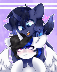 Size: 2000x2500 | Tagged: safe, artist:etoz, imported from derpibooru, oc, oc only, alicorn, pony, unicorn, alicorn oc, blushing, commission, female, happy, high res, horn, hug, mare, oc name needed, open mouth, smiling, tsundere, unicorn oc, wingding eyes, wings, ych result