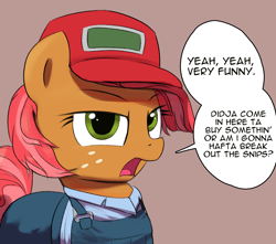 Size: 3000x2653 | Tagged: safe, artist:vultraz, imported from derpibooru, babs seed, earth pony, pony, 4chan, baseball cap, cap, clothes, dialogue, drawthread, female, filly, hat, high res, looking at you, open mouth, overalls, parody, pun, requested art, shirt, sneed's feed and seed, solo, speech bubble