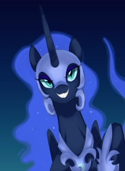 Size: 748x1024 | Tagged: safe, artist:maren, imported from derpibooru, nightmare moon, alicorn, pony, bust, featured image, female, gradient background, grin, hoof shoes, horn, long horn, mare, portrait, sharp teeth, signature, slit eyes, slit pupils, smiling, solo, teeth