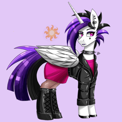 Size: 1900x1900 | Tagged: safe, artist:zachc, imported from derpibooru, princess celestia, alicorn, pony, alternate hairstyle, boots, choker, clothes, concave belly, horn, jacket, leather jacket, punklestia, shoes, simple background, slim, solo, spiked choker, thin, wings