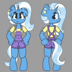 Size: 1280x1280 | Tagged: safe, artist:charleyhorsey, imported from derpibooru, trixie, semi-anthro, clothes, cute, diatrixes, ear piercing, earring, female, freckles, front view, jewelry, mare, overalls, piercing, rear view, shortalls, solo, tail, tail hole, tongue out