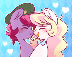 Size: 2332x1850 | Tagged: safe, artist:ninnydraws, imported from derpibooru, oc, oc only, oc:jelly, oc:ninny, earth pony, pony, boop, bowtie, bust, closed mouth, couple, eyes closed, female, freckles, hat, male, noseboop, open mouth, profile, simple background