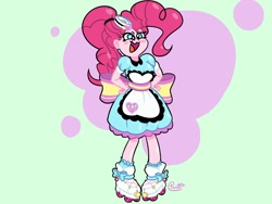 Size: 1600x1200 | Tagged: safe, artist:pertdegert, imported from derpibooru, pinkie pie, equestria girls, blushing, clothes, dress, hat, roller skates, skirt, smiling, solo