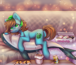 Size: 2925x2500 | Tagged: safe, artist:zefirka, imported from derpibooru, oc, oc only, oc:neko, earth pony, pony, shark, :i, blushing, couch, donut, food, high res, noodles, plushie, slime, solo, sushi