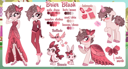 Size: 1200x655 | Tagged: safe, artist:jennieoo, imported from derpibooru, oc, oc:ballade, oc:beauie, oc:brier blush, bird, dragon, hummingbird, pony, rabbit, unicorn, equestria girls, animal, blushing, clothes, cutie mark, dress, gala dress, reference, reference sheet, show accurate, shy, smiling