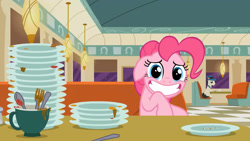 Size: 1280x720 | Tagged: safe, edit, edited screencap, imported from derpibooru, screencap, pinkie pie, pony, the saddle row review, dishes, fat, fat edit, floppy ears, grin, nervous, nervous grin, obese, piggy pie, pudgy pie, restaurant, smiling, solo
