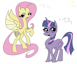 Size: 1730x1434 | Tagged: safe, artist:saltycube, derpibooru exclusive, imported from derpibooru, fluttershy, twilight sparkle, pegasus, pony, unicorn, alternate cutie mark, duo, female, mare, simple background, white background