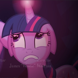 Size: 872x866 | Tagged: safe, imported from derpibooru, screencap, twilight sparkle, pony, unicorn, a canterlot wedding, season 2, cropped, ears back, floppy ears, glowing horn, horn, james wootton, opening credits, scared, solo, unicorn twilight