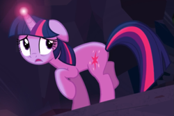 Size: 819x546 | Tagged: safe, imported from derpibooru, screencap, twilight sparkle, pony, unicorn, a canterlot wedding, cropped, ears back, floppy ears, glowing horn, horn, light, raised hoof, scared, solo, unicorn twilight