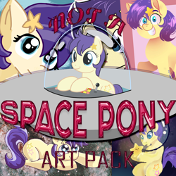 Size: 3000x3000 | Tagged: safe, artist:lechu-zaz, artist:marbeck_213, artist:nekoshiei, artist:nyancat380, imported from ponybooru, star dancer, earth pony, pony, art pack:not a space pony, my little pony: the manga, absurd resolution, advertisement, announcement, art pack, art pack cover, hairpin, simple background, space helmet, star dancer appreciation collab, stars, teaser, ufo