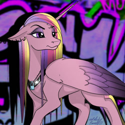 Size: 1024x1024 | Tagged: safe, artist:caliunicalien, imported from derpibooru, princess cadance, alicorn, pony, ear piercing, earring, female, floppy ears, graffiti, jewelry, jpg, lock, mare, necklace, padlock, piercing, signature