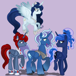 Size: 1280x1280 | Tagged: safe, artist:chelseawest, imported from derpibooru, princess luna, oc, oc:bloodmoon, oc:moonshine, oc:moonstone, alicorn, alicorn oc, father and child, father and daughter, female, flying, grandchild, grandfather, grandfather and grandchild, grandfather and granddaughter, grandmother and grandchild, grandmother and granddaughter, great grandchild, great granddaughter, great grandmother, horn, male, maternaluna, mother and child, mother and son, offspring, offspring's offspring, parent:oc:bloodmoon, parent:oc:moonstone, parent:princess luna, wings