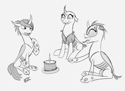 Size: 5500x4000 | Tagged: safe, artist:evan555alpha, imported from ponybooru, oc, oc only, oc:cyanne, oc:sinyxstra, oc:yvette (evan555alpha), changeling, birthday, birthday cake, blushing, cake, candle, changeling oc, clothes, dorsal fin, evan's daily buggo, eyes closed, fangs, female, females only, fire, floppy ears, food, glasses, happy, jacket, long tongue, looking at each other, open mouth, ponybooru exclusive, raised hoof, raised leg, round glasses, signature, simple background, sitting, sketch, smiling, surprised, sweat, sweatdrop, tongue out, trio, white background