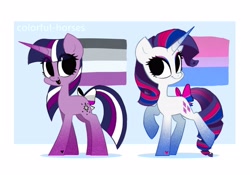Size: 3571x2500 | Tagged: safe, artist:syrupyyy, imported from derpibooru, rarity, twilight sparkle, pony, unicorn, asexual, asexual pride flag, bisexual pride flag, bow, cute, duo, eyeshadow, female, makeup, mare, open mouth, pride, pride flag, raised hoof, raised leg, raribetes, tail bow, twiabetes, unicorn twilight