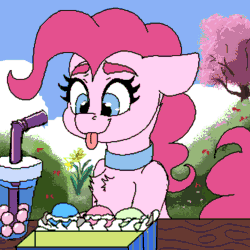 Size: 1000x1000 | Tagged: safe, artist:brainiac, imported from derpibooru, pinkie pie, earth pony, animated, boba tea, chest fluff, collar, cute, diapinkes, drink, eating, female, gif, gulp, macarons, mare, nom, solo, throat bulge, tree, underhoof