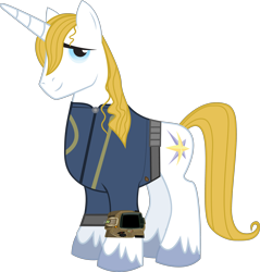 Size: 3268x3414 | Tagged: safe, artist:ponygamer2020, imported from derpibooru, prince blueblood, pony, unicorn, fallout equestria, absurd resolution, clothes, fallout, high res, jumpsuit, male, pipboy, simple background, solo, stallion, transparent background, vault suit, vector