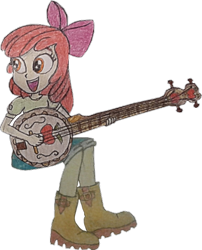 Size: 1209x1500 | Tagged: safe, artist:jebens1, artist:therandomone95, imported from derpibooru, apple bloom, equestria girls, apple bloom's bow, banjo, boots, bow, clothes, cropped, hair bow, jeans, musical instrument, pants, shirt, shoes, simple background, sitting, smiling, solo, transparent background