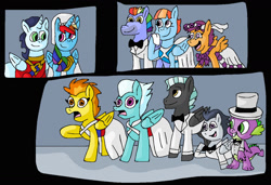 Size: 1280x878 | Tagged: safe, artist:mojo1985, imported from derpibooru, bow hothoof, fleetfoot, rainbow dash, rumble, scootaloo, soarin', spike, spitfire, thunderlane, windy whistles, alicorn, pegasus, pony, alicornified, bride, bridesmaid, bridesmaid dress, bridesmaids, clothes, dress, female, flower filly, flower girl, flower girl dress, handkerchief, hat, male, marriage, race swap, shipping, soaricorn, soarindash, straight, tissue, top hat, tuxedo, wedding, wedding dress