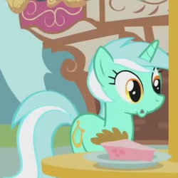 Size: 720x720 | Tagged: safe, imported from derpibooru, screencap, lyra heartstrings, pony, swarm of the century, :o, cropped, food, open mouth, pie, solo