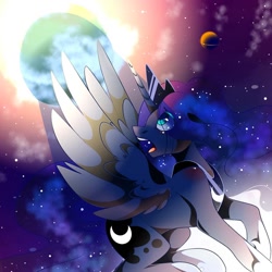 Size: 1080x1080 | Tagged: safe, artist:tessa_key_, imported from derpibooru, princess luna, alicorn, pony, crying, ethereal mane, female, galaxy mane, horn, jewelry, mare, peytral, solo, tiara, wings