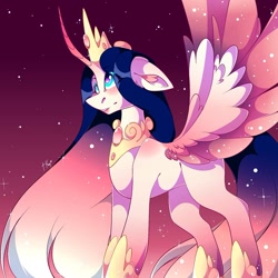 Size: 1080x1079 | Tagged: safe, artist:tessa_key_, imported from derpibooru, oc, oc only, alicorn, pony, alicorn oc, crown, curved horn, ethereal mane, hoof shoes, horn, jewelry, peytral, regalia, solo, starry mane, wings